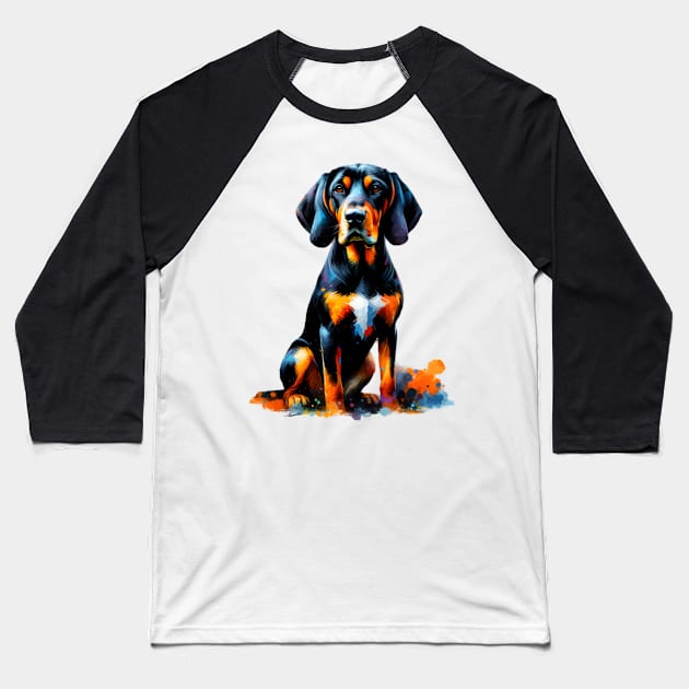 Vibrant Black and Tan Coonhound in Splash Art Baseball T-Shirt by ArtRUs